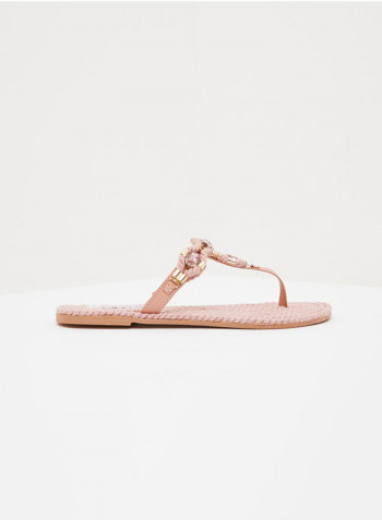 Felicia Embellished Leather Flat Sandals Pink