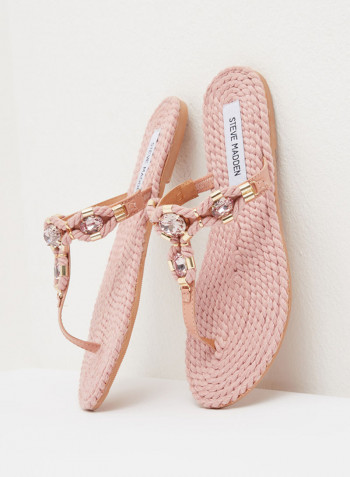 Felicia Embellished Leather Flat Sandals Pink