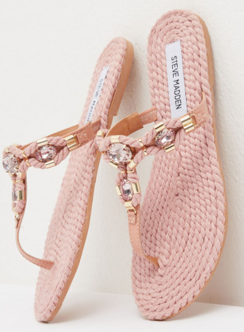 Felicia Embellished Leather Flat Sandals Pink