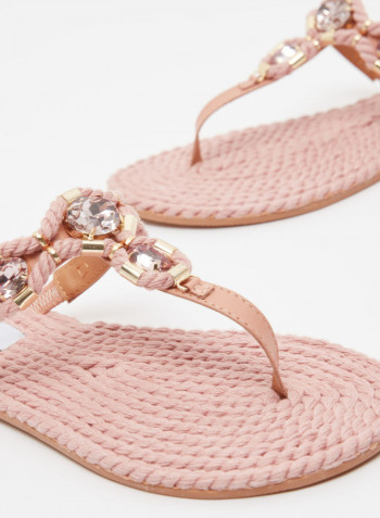 Felicia Embellished Leather Flat Sandals Pink