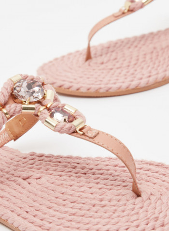 Felicia Embellished Leather Flat Sandals Pink