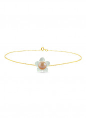 18 Karat Gold Mother Of Pearl Flower Shape With White Pearl Chain Bracelet