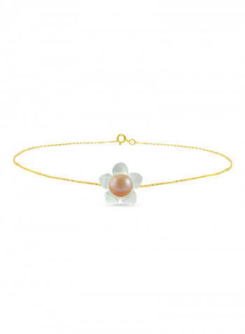 18 Karat Gold Mother Of Pearl Flower Shape With White Pearl Chain Bracelet