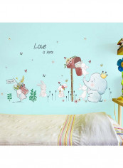 Animated Rabbit Elephant Wall Decal Multicolour 70x50centimeter