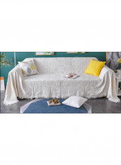 Solid Pattern Tassel Sofa Slipcover White 180 x 340centimeter