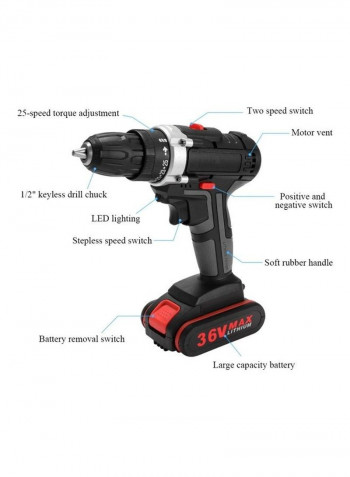 Electric Impact Cordless Drill With Battery Black/Silver/Red