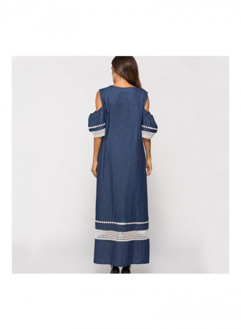 Short Sleeves Cotton Blended Maxi Dress Blue/White