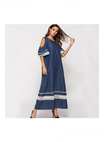 Short Sleeves Cotton Blended Maxi Dress Blue/White