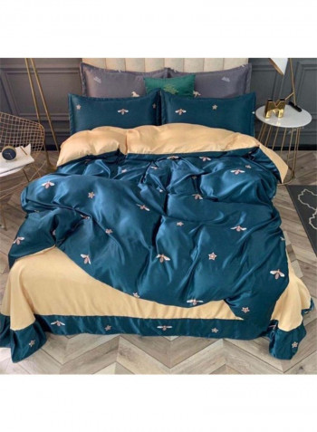 4-Piece Printed Bedding Set Silk Blue/Beige