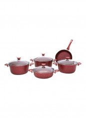 9-Piece  Granite Coated Cookware Set Maroon/Clear Deep Pots: 26, 28, 30, Flat Pot: 26, Frypan: 26cm
