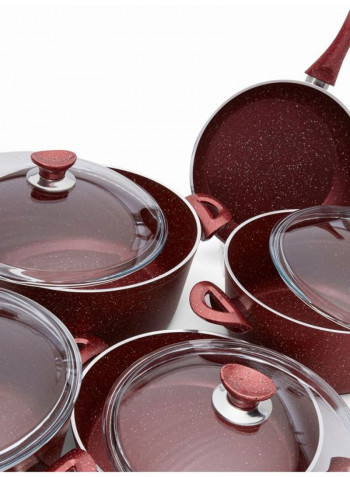 9-Piece  Granite Coated Cookware Set Maroon/Clear Deep Pots: 26, 28, 30, Flat Pot: 26, Frypan: 26cm