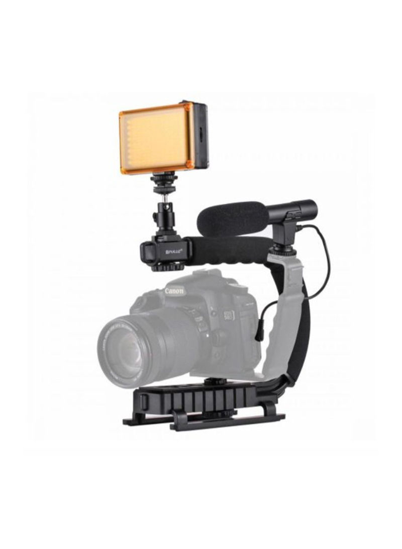 Portable Handheld Dv Bracket Stabilizer With Led Studio Light And Video Shotgun Microphone Kit Black