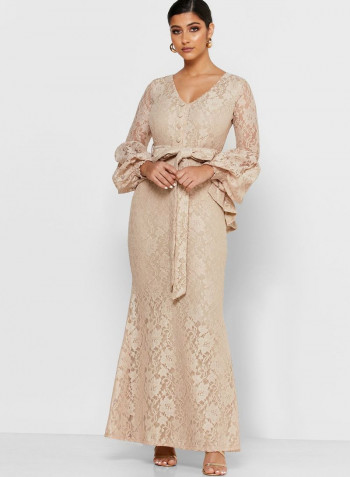 Puff Sleeve Maxi Dress Beige