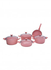 9-Piece  Granite Coated Cookware Set Rose Pink/Clear Deep Pots 26 Cm, 28 Cm, 30 Cm, Flat Pot 26 Cm, Frypan 26cm