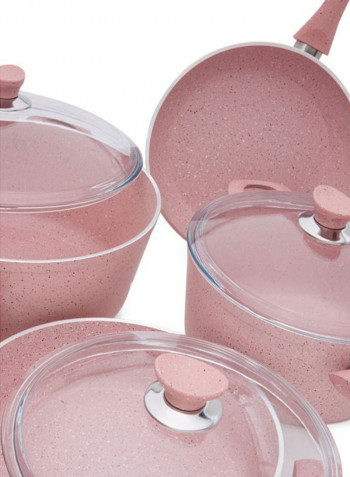 9-Piece  Granite Coated Cookware Set Rose Pink/Clear Deep Pots 26 Cm, 28 Cm, 30 Cm, Flat Pot 26 Cm, Frypan 26cm