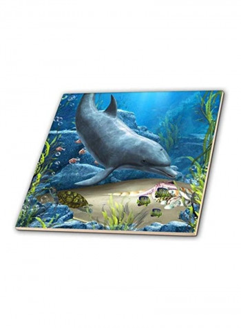 A Dolphin Swims in The Ocean with Turtle Fishes Ceramic Tile Multicolour 12  x 12inch