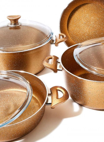 9-Piece Cookware Set Copper/Clear 3x Deep Pot (26, 28, 30), 1x Flat Pot - 26cm