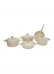 9-Piece  Granite Coated Cookware Set Cream/Clear Deep Pots: 26, 28, 30, Flat Pot: 26, Fry Pan - 26cm