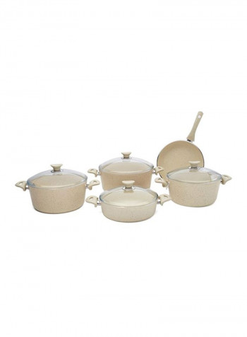 9-Piece  Granite Coated Cookware Set Cream/Clear Deep Pots: 26, 28, 30, Flat Pot: 26, Fry Pan - 26cm