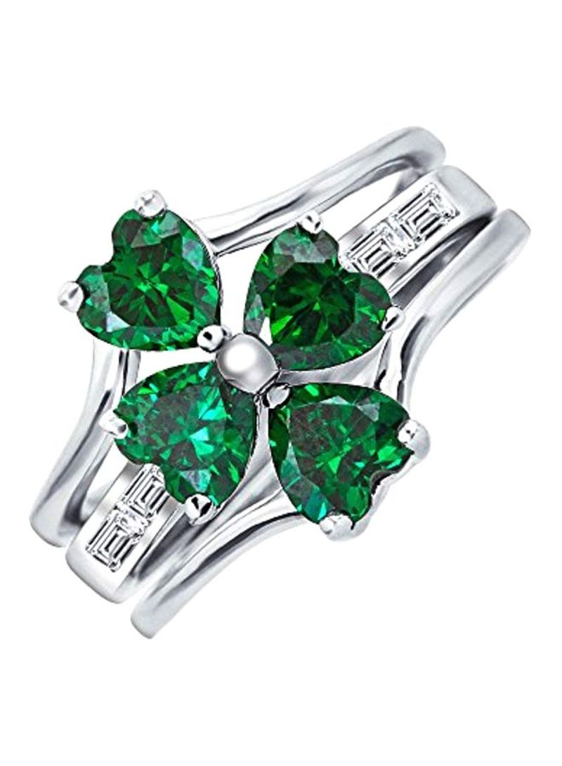925 Sterling Silver CZ Studded Ring Silver/Green