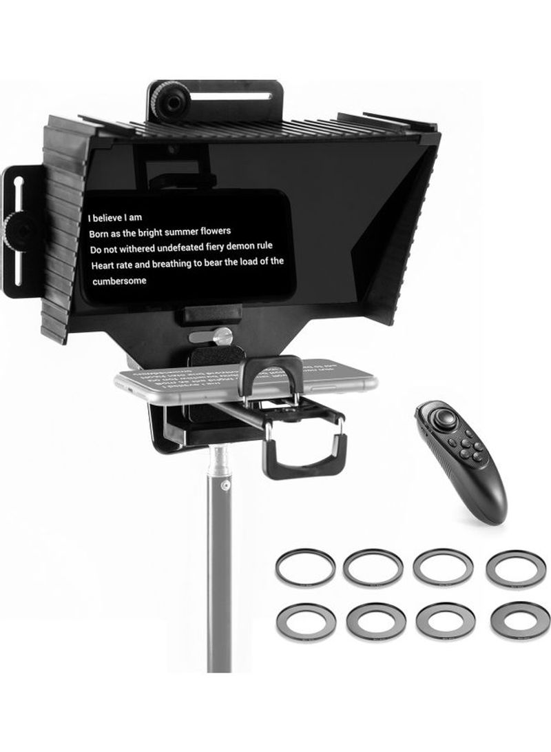 Portable Prompter with BT Remote Control Lens Adapter Ring Set For Live Stream and Video Recording Black