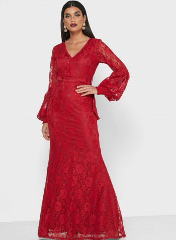 Floral Lace Maxi Dress Red