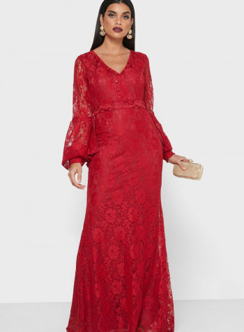 Floral Lace Maxi Dress Red