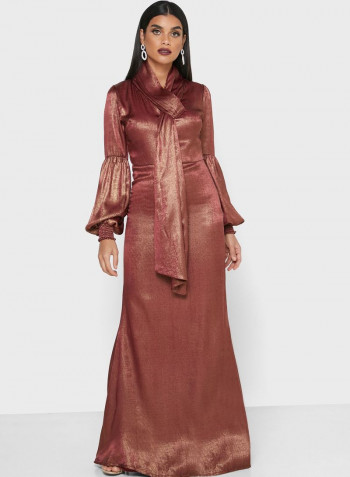 Tie Neck Balloon Sleeves Maxi Dress Brown