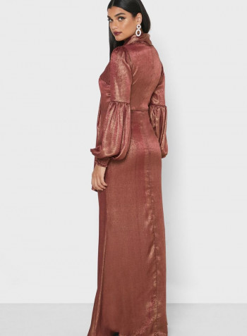 Tie Neck Balloon Sleeves Maxi Dress Brown