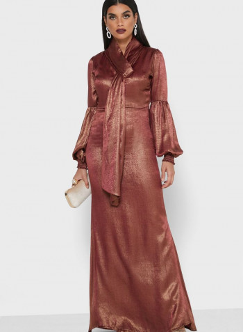 Tie Neck Balloon Sleeves Maxi Dress Brown