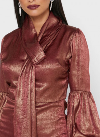 Tie Neck Balloon Sleeves Maxi Dress Brown