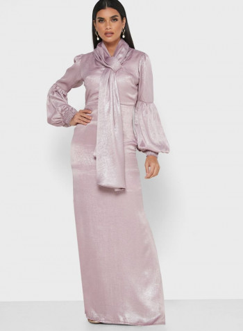 Tie Neck Balloon Sleeves Maxi Dress Mauve