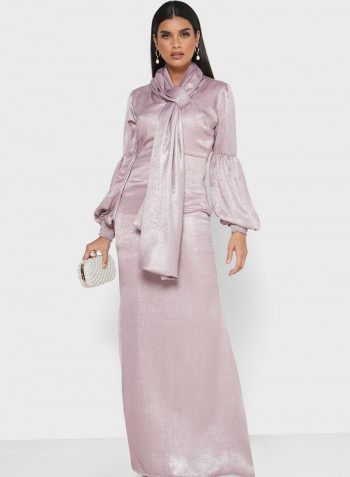 Tie Neck Balloon Sleeves Maxi Dress Mauve