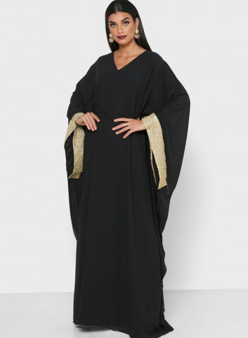Wide Sleeves Belted Maxi Dress Black
