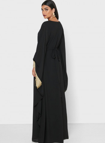 Wide Sleeves Belted Maxi Dress Black