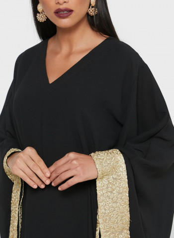 Wide Sleeves Belted Maxi Dress Black