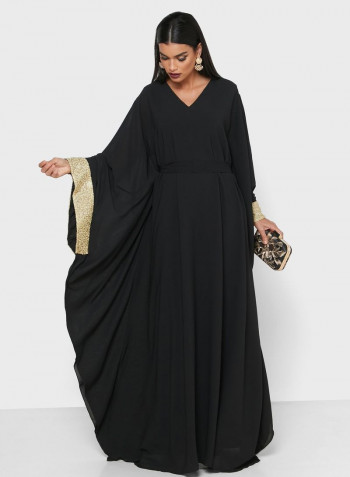 Wide Sleeves Belted Maxi Dress Black