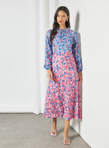 Gathered Neck Printed Dress Pink/Blue