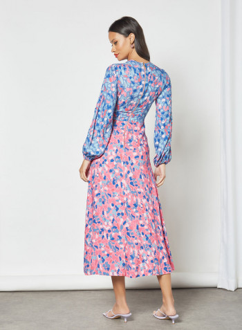 Gathered Neck Printed Dress Pink/Blue
