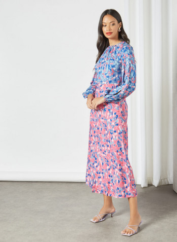 Gathered Neck Printed Dress Pink/Blue