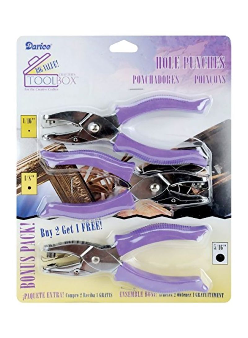 3-Piece Soft-Handled Hole Punch Set Purple/Silver