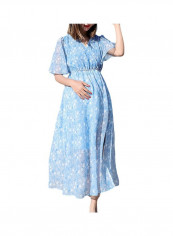 Short Sleeves Cotton Blended Maxi Dress Lake Blue/White