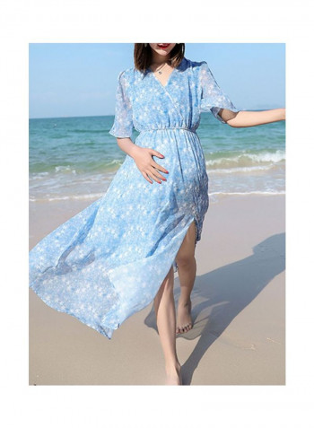 Short Sleeves Cotton Blended Maxi Dress Lake Blue/White