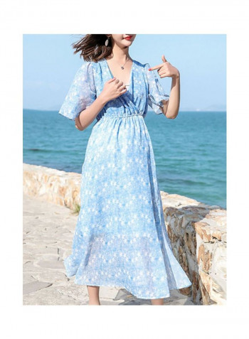 Short Sleeves Cotton Blended Maxi Dress Lake Blue/White
