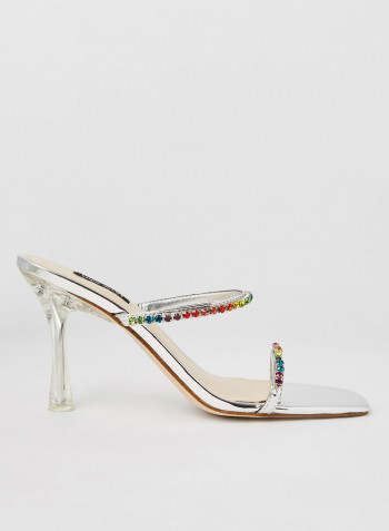 Embellished Heeled Sandals Silver/Beige