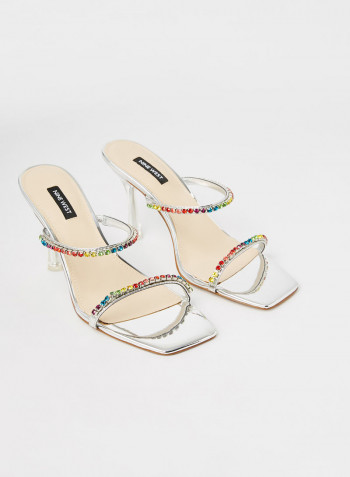 Embellished Heeled Sandals Silver/Beige