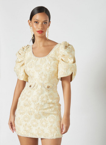 Jacquard Puff Sleeve Mini Dress Yellow