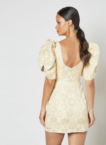 Jacquard Puff Sleeve Mini Dress Yellow
