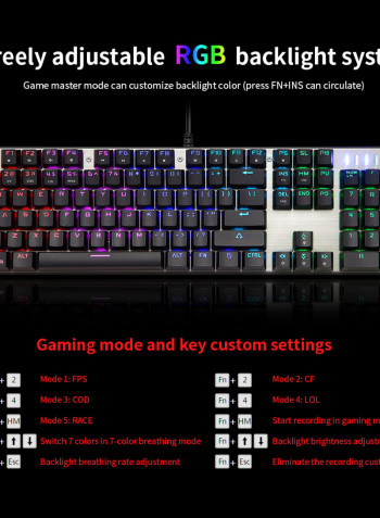 CK104 Wired USB Colourful LED Backlight Mechanical Gaming Keyboard - English And Russian Black