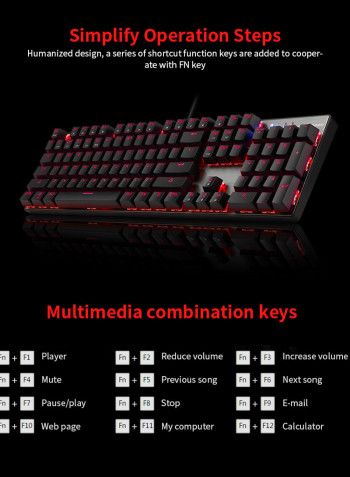 CK104 Wired USB Colourful LED Backlight Mechanical Gaming Keyboard - English And Russian Black